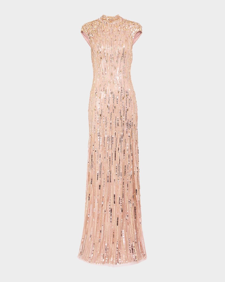 Ernest Crystal Sequined Cap-Sleeve Gown